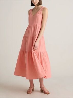 QUINCE 100% Organic Cotton Gauze Tiered Maxi Dress Pink Coral Blush NEW Size M